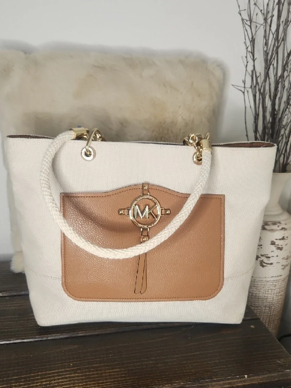 Michael Kors Cream Canvas Tote with Tan Leather Pocket